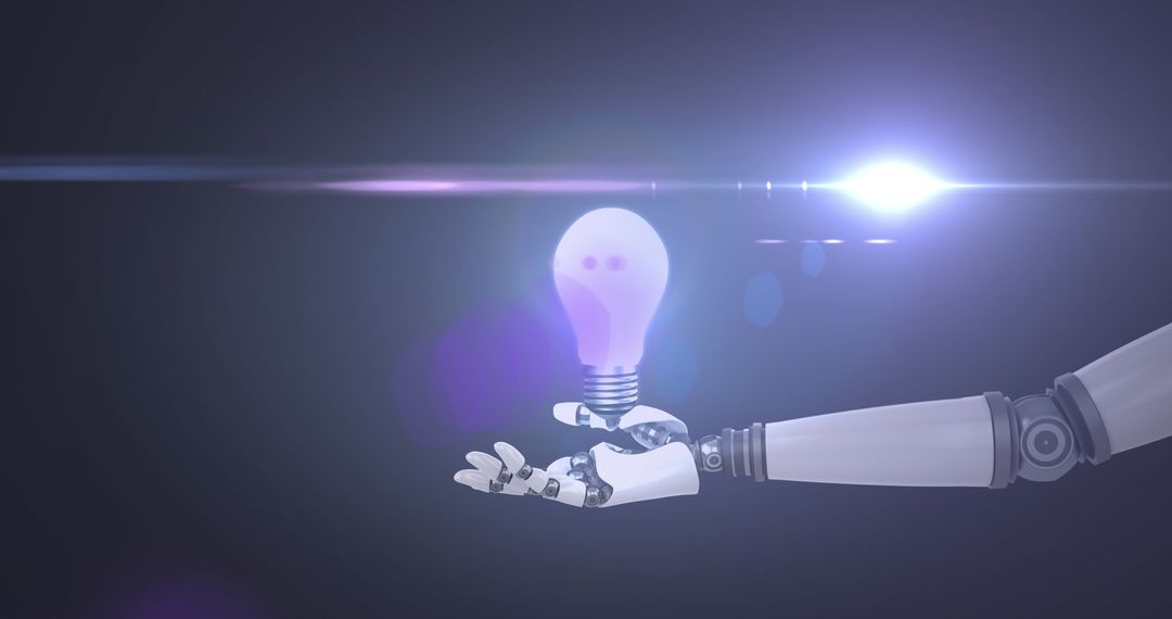 Robotic Hand Holding Illuminated Light Bulb with Futuristic Glow