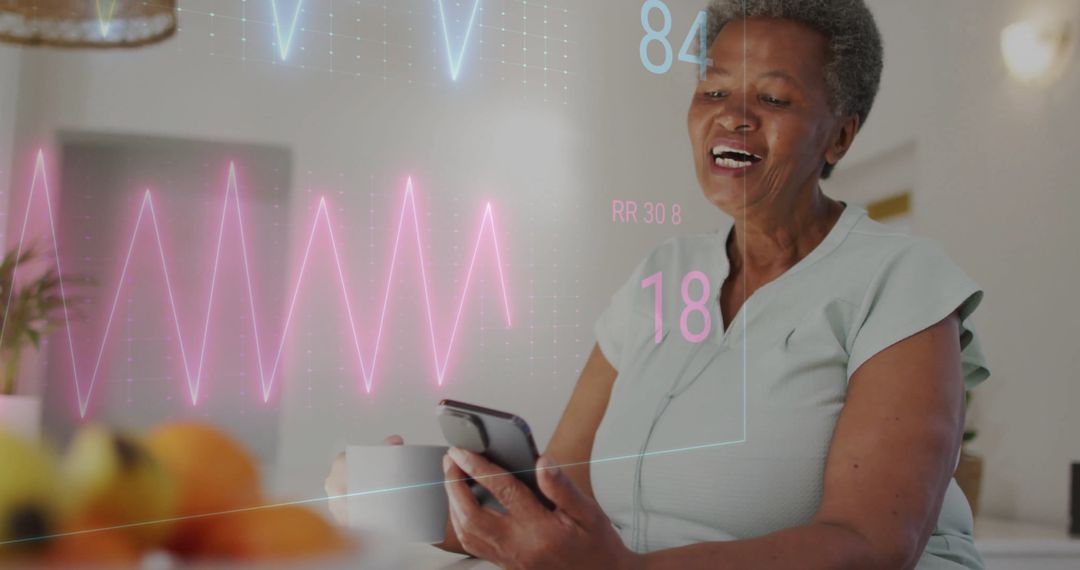 Senior Woman Using Smartphone with Heart Monitor Graphics