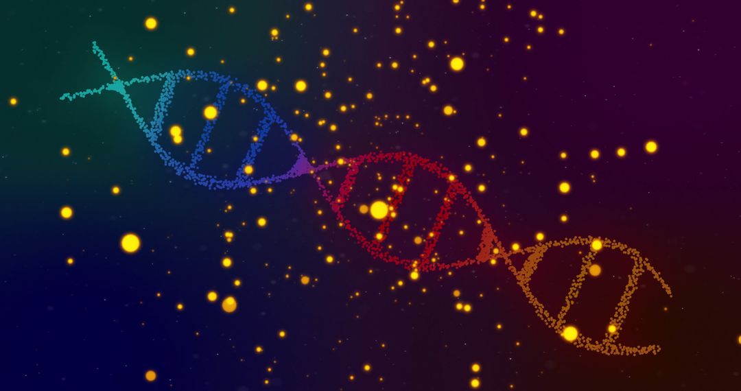 Colorful DNA Strand with Glowing Particles on Gradient Background