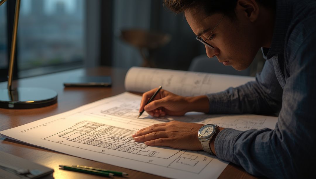 Architect Focused on Blueprint Sketching at Desk in Modern Workspace