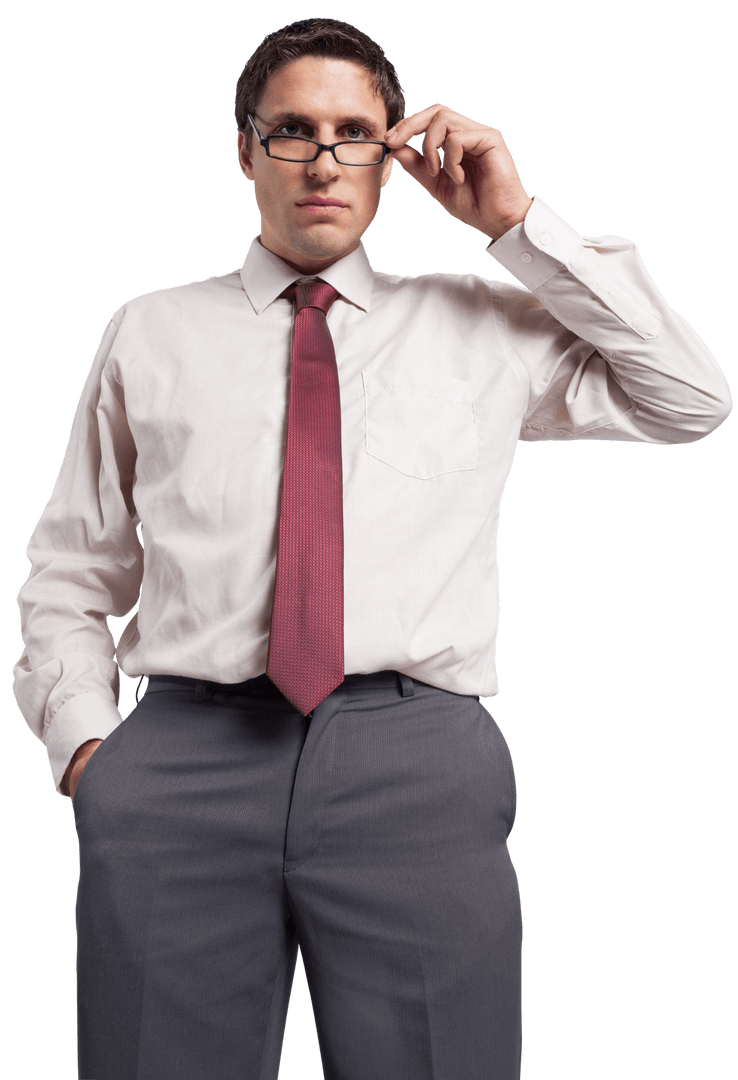 Transparent Confident Businessman Adjusting Glasses