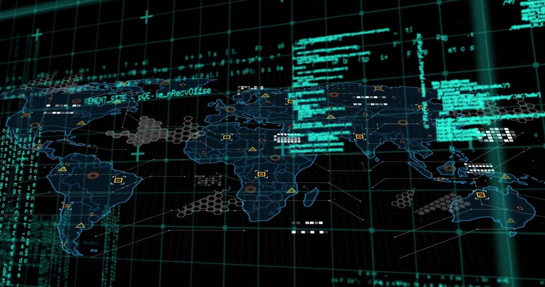 Futuristic Digital World Map with Streaming Code and Networks