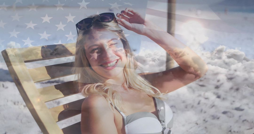 Smiling Woman Enjoying Beach with American Flag Overlay