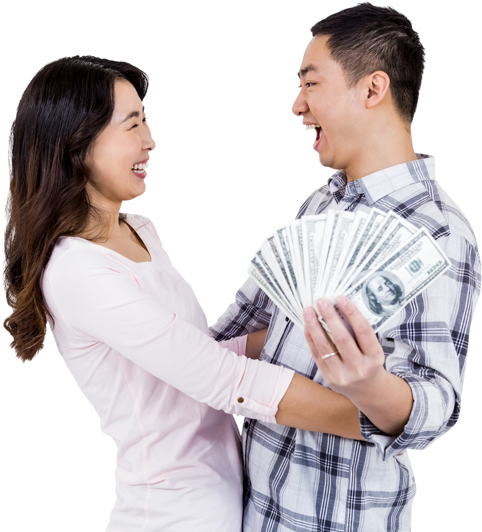 Cheerful Semi-transparent Asian Couple Holding Money Celebrating Success - Download Free Stock Images Pikwizard.com