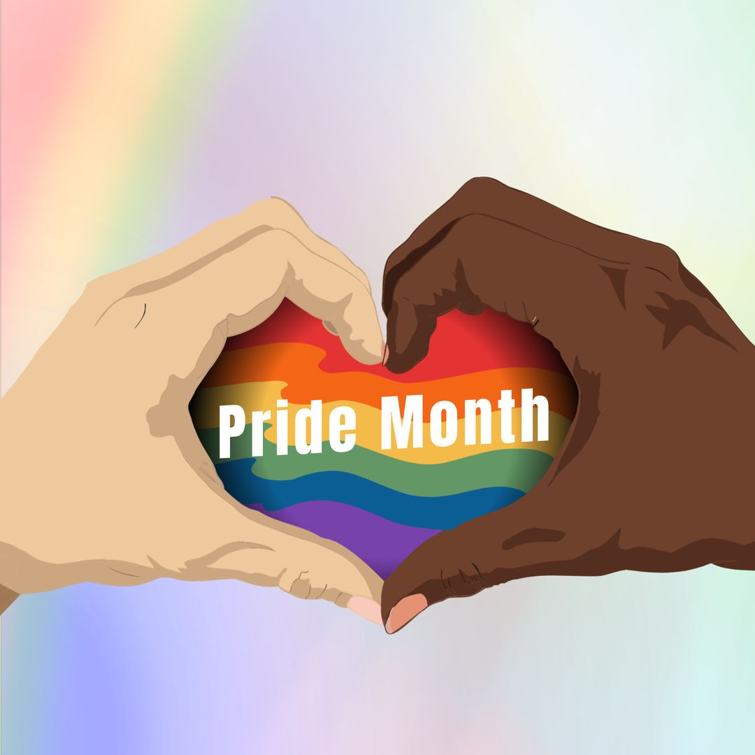 Pride Month Celebration with Heart Hands and Rainbow Flag
