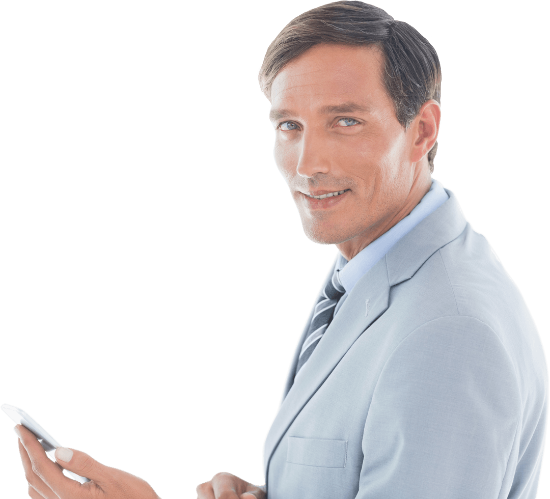 Happy Businessman Using Tablet Transparent Background