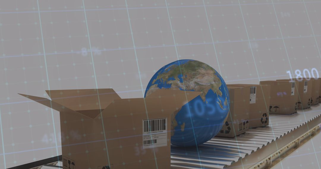 Global Shipping with Data and Boxes on Conveyor