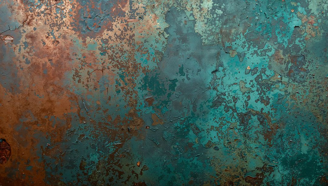Corroded Metal Surface Showing Flaking Paint, Rust Patches and Teal Turquoise Patina Texture