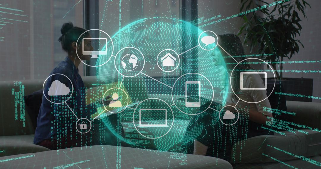 Colleagues Collaborating Over Holographic Globe with Network Icons and Code Overlay