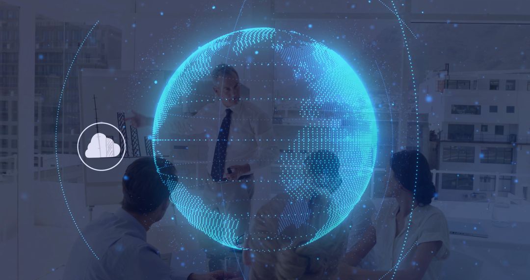 Business Team Collaborating with Holographic Globe Interface