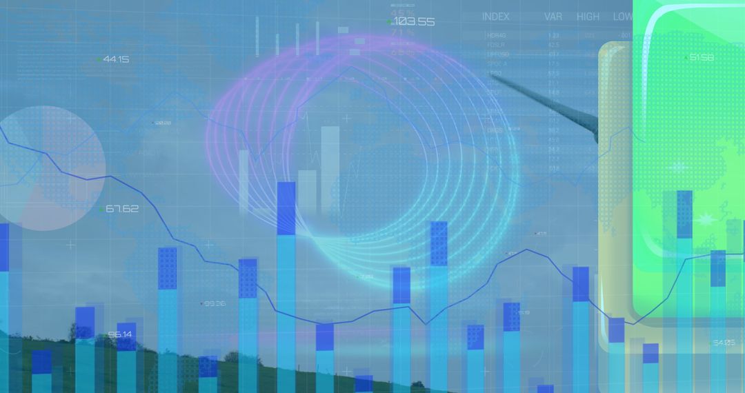 Renewable Energy Trends with Financial Graphs and Wind Turbine