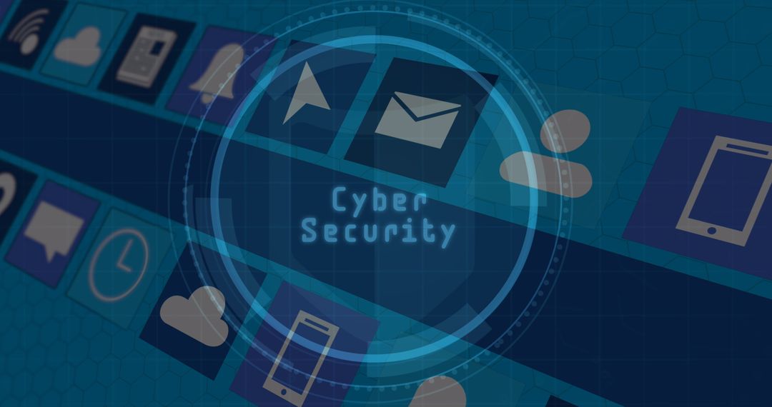 Futuristic cyber security interface with tech icons and patterns