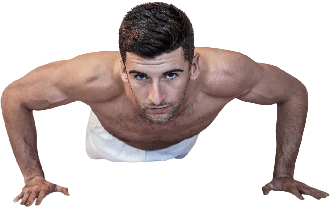 Strong Man Performing Intense Push-Up on Transparent Background