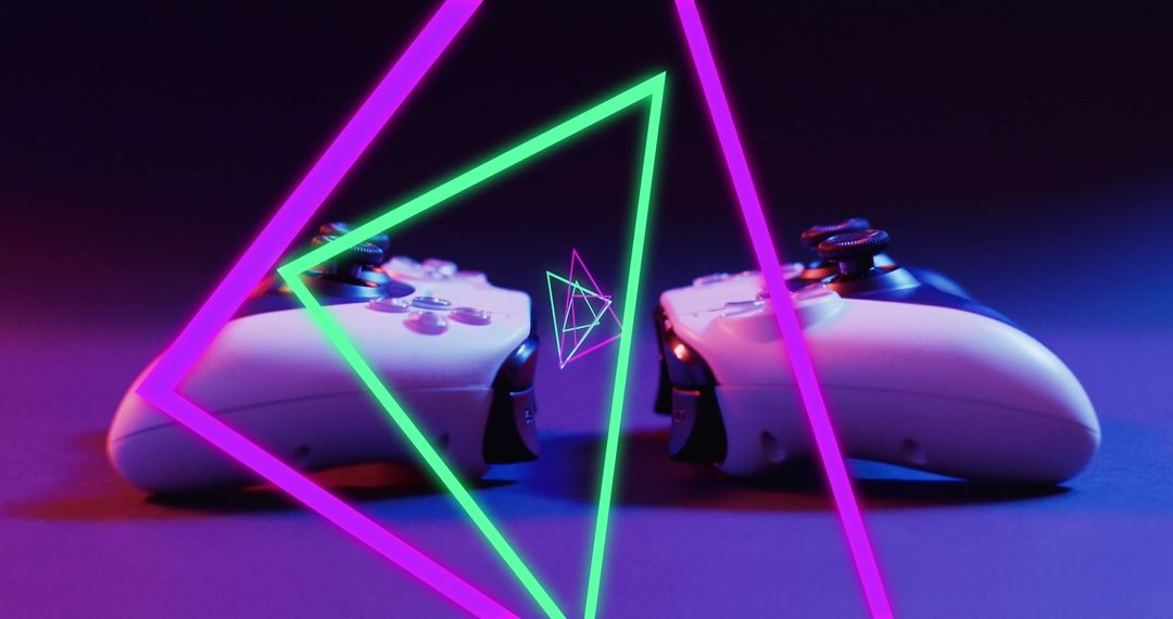 Futuristic Gaming Controllers with Neon Graphic Overlay