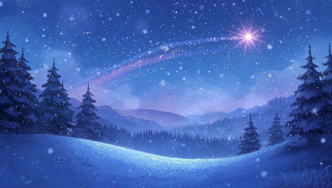 Glowing Snowy Hill Under Shooting Star with Comet Trail in Moonlit Pine Forest Nightscape