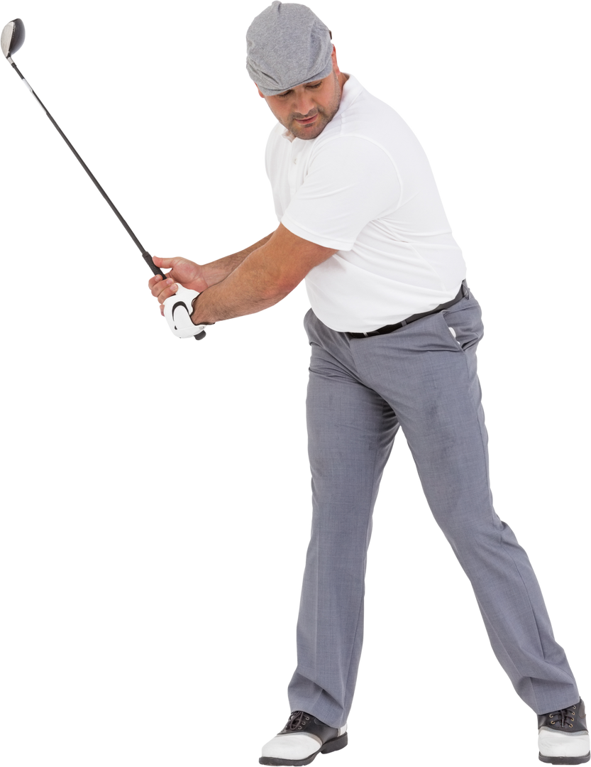 Male Golf Player Taking Shot in White Polo and Gray Pants on Transparent Background - Download Free Stock Images Pikwizard.com