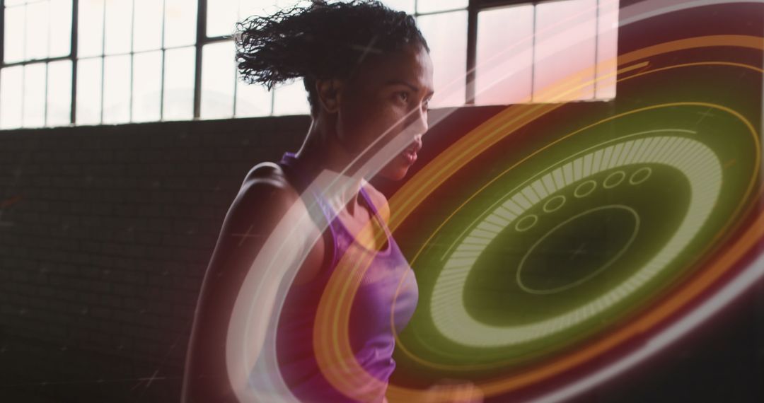 Woman Jogging in Abandoned Building with Futuristic Digital Overlay