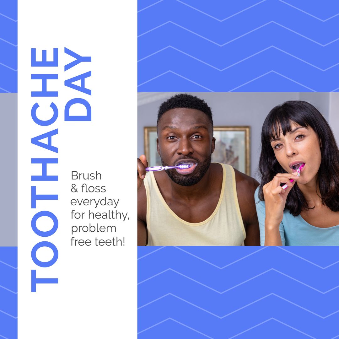 Composition of toothache day text over diverse couple brushing teeth - Download Free Stock Templates Pikwizard.com