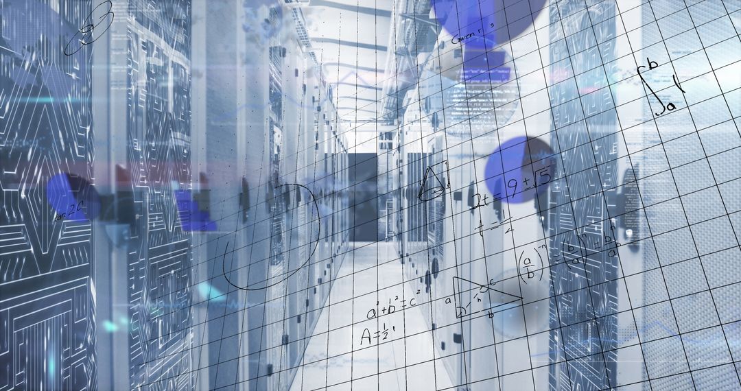 Futuristic Data Center With Mathematical Calculations Overlay