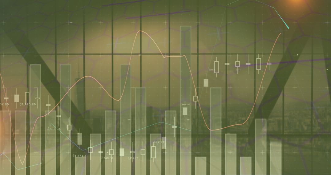 Cityscape Overlaid with Dynamic Financial Graphs and Market Trends