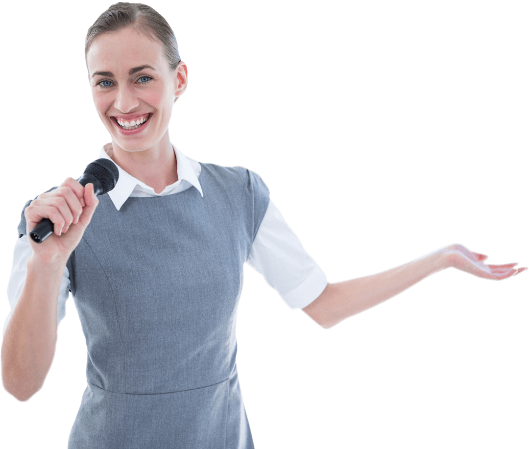 Transparent Portrait of Smiling Businesswoman Holding Microphone