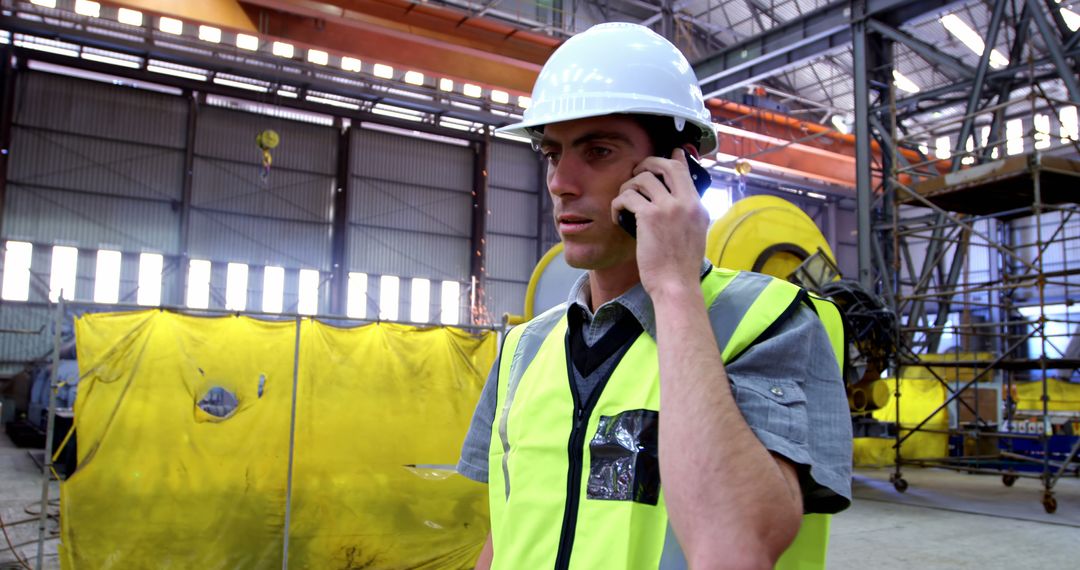 Engineer in Safety Gear on Call at Industrial Construction Site - Free Images, Stock Photos and Pictures on Pikwizard.com