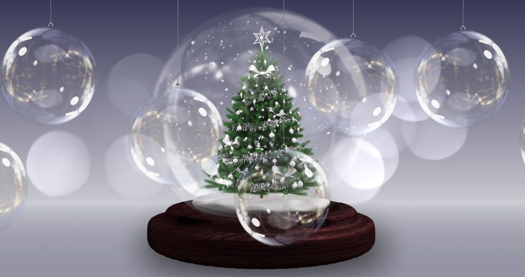 Enchanting Snow Globe with Christmas Tree Surrounded by Ornaments