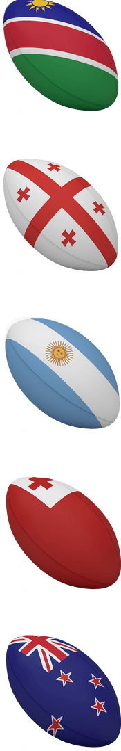 Rugby Balls with International Flags on Transparent Background