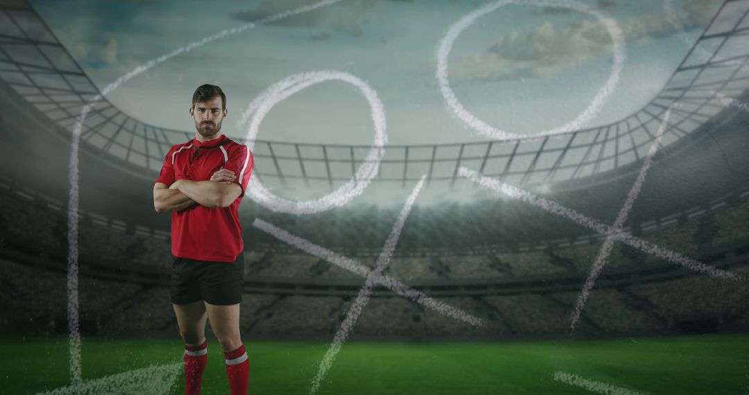 Confident Soccer Player in Red Uniform Standing on Field with Strategic Plan Overlay - Free Images, Stock Photos and Pictures on Pikwizard.com