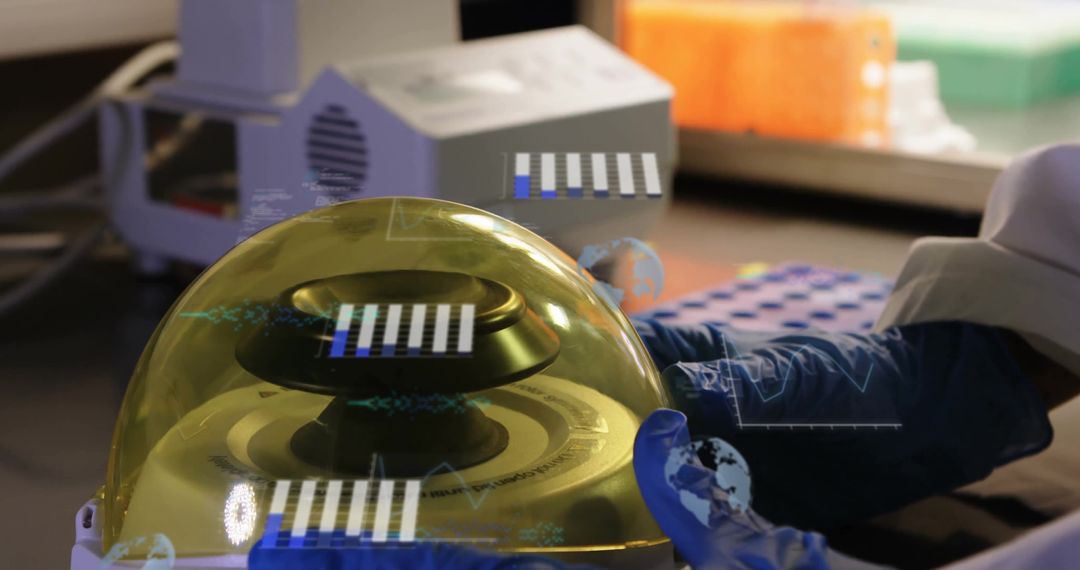 Close-up of Scientist Using Advanced Lab Equipment with Digital Data Overlay