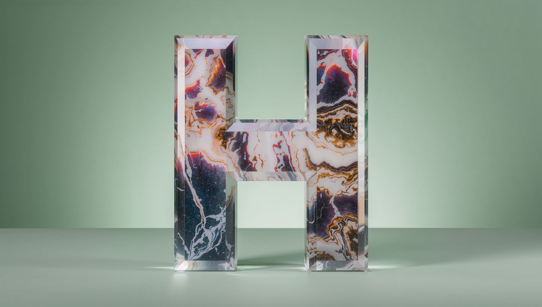 Transparent Letter H with Galaxy Patterns on Green Surface