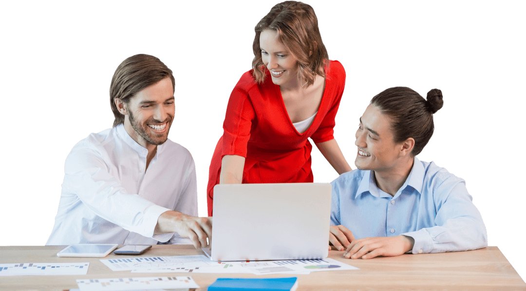 Transparent Smiling Business Team Discussing Ideas at Desk