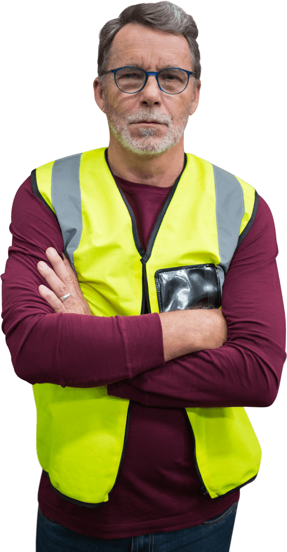 Senior Worker in Reflective Vest with Crossed Arms on Transparent Background