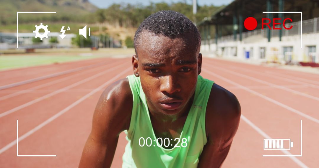 Focused Athlete on Track Enduring during Training Session