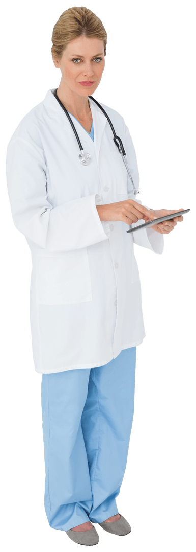 Caucasian Female Doctor Using Tablet on Transparent Background