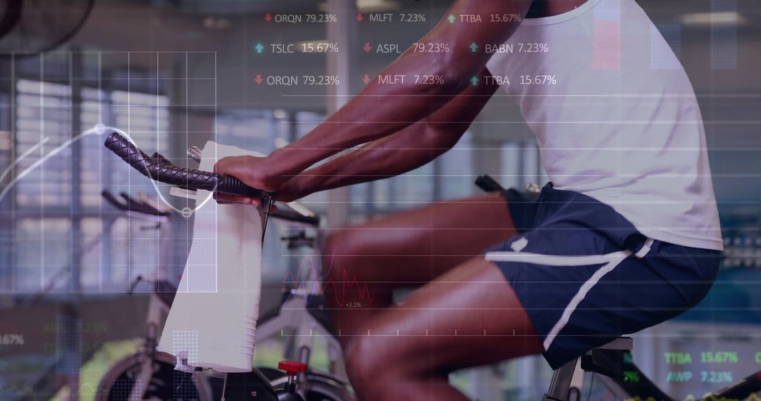 Financial Data Over African American Man Exercising in Gym