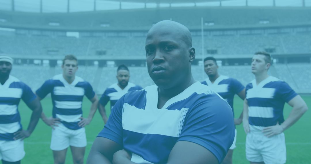 Rugby Team Huddle with Digital Statistics Overlay