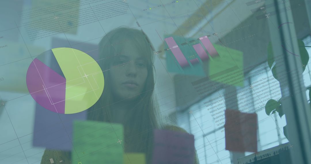 Businesswoman Analyzing Data with Infographic on Glass Wall