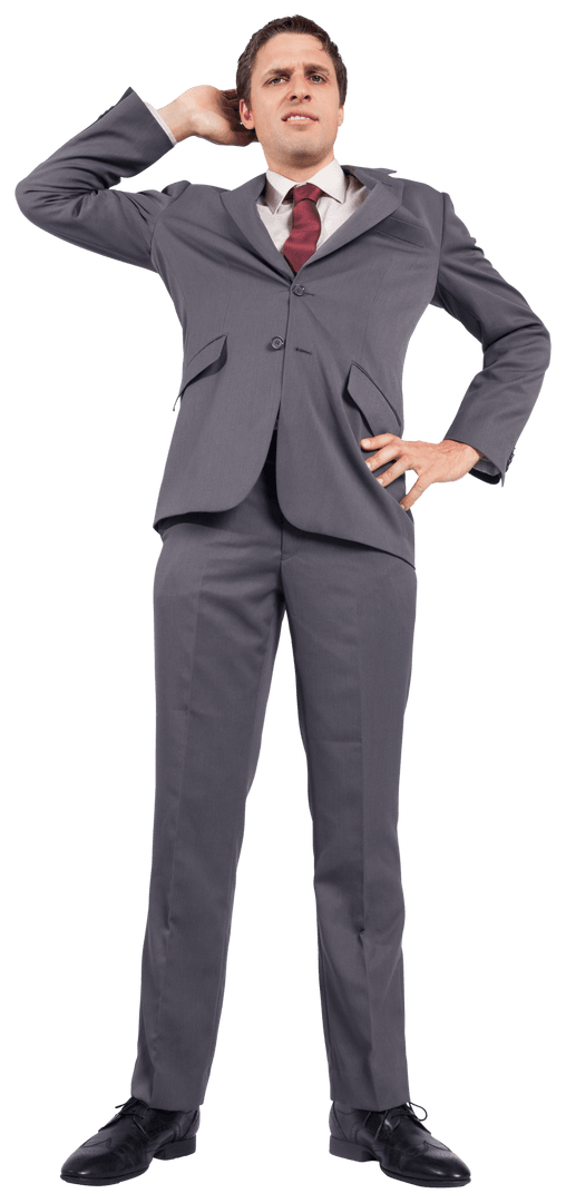 Worried Businessman in Grey Suit on Transparent Background