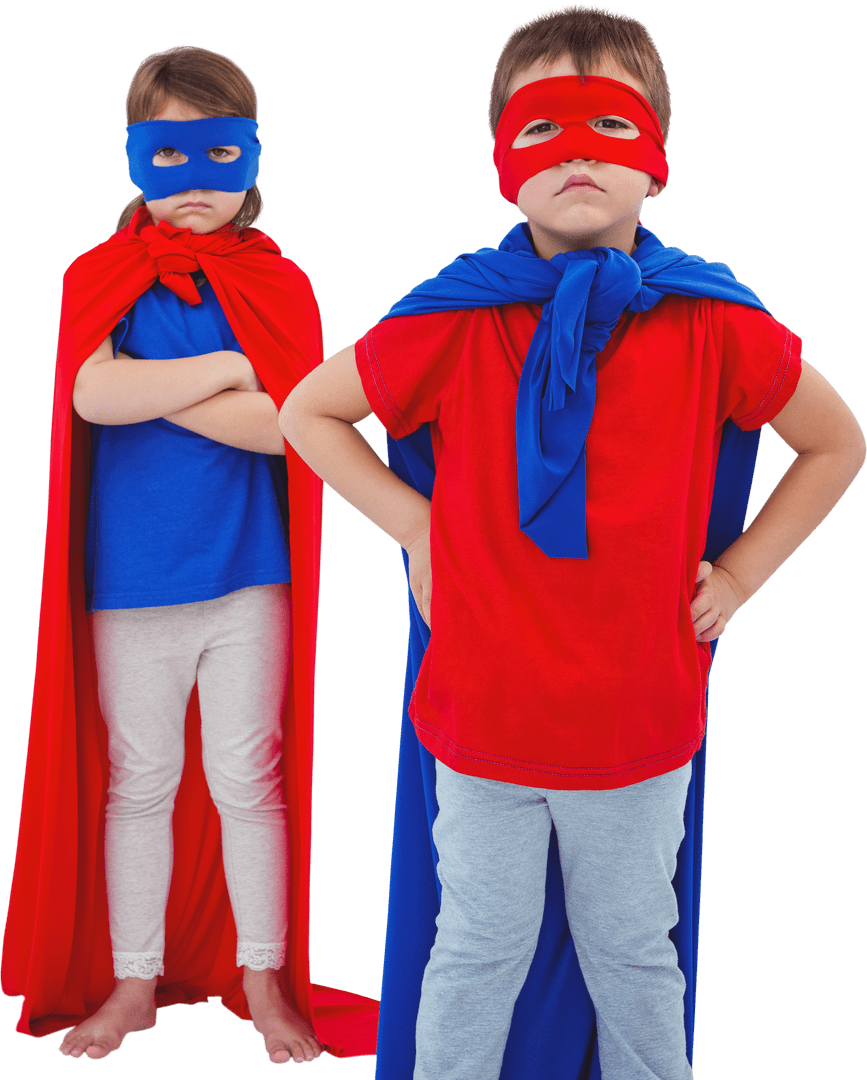 Children Pretending to Be Superheroes in Colorful Costumes, White Background Transparent