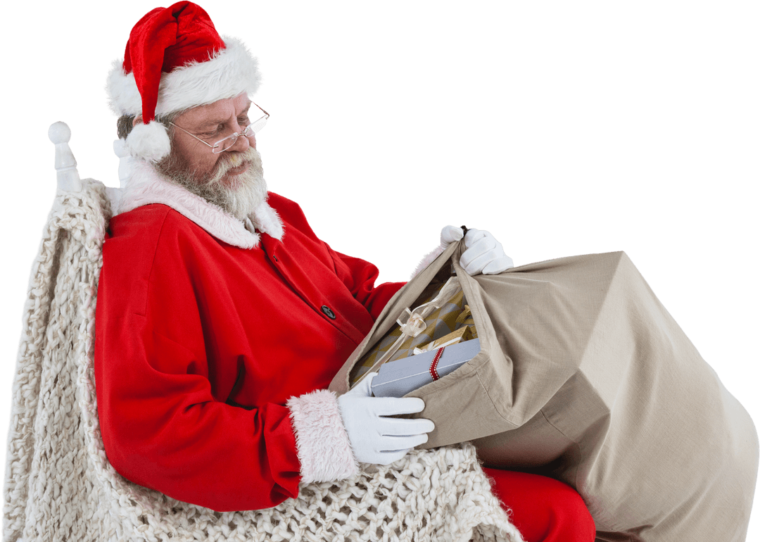 Santa Claus Relaxing with Gift Bag on Transparent Background