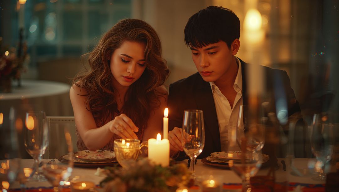 Elegant Couple Creating Romantic Ambiance with Candlelight at Dinner