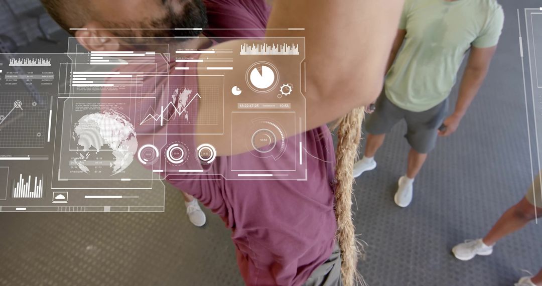 Digital Data Visualization Over Man Climbing Rope in Fitness Center