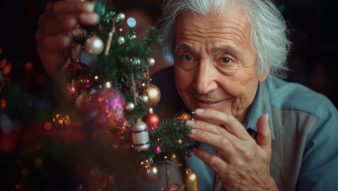 Senior Woman Joyfully Decorating Tabletop Christmas Tree