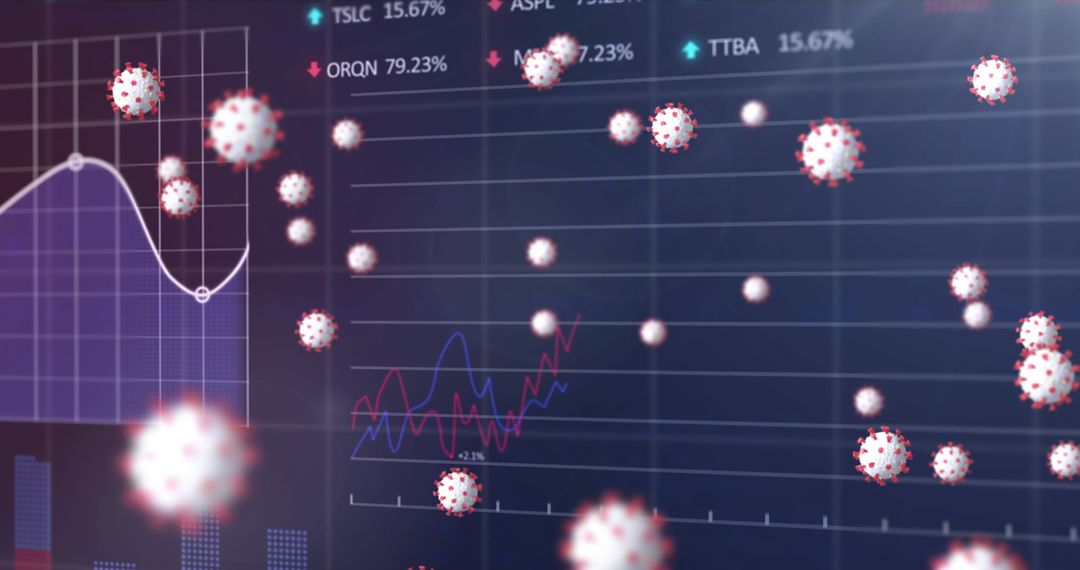 Virus Cells Overlay on Financial Data Charts with Stock Market Figures