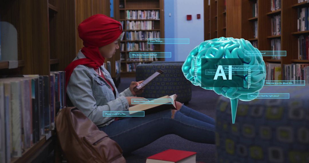 Student in Hijab Engages with AI in Library Setting