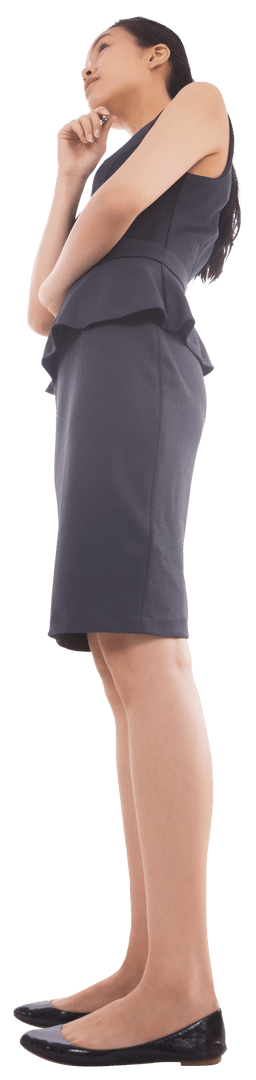 Transparent Asian Businesswoman Standing With Pen in Thoughtful Pose