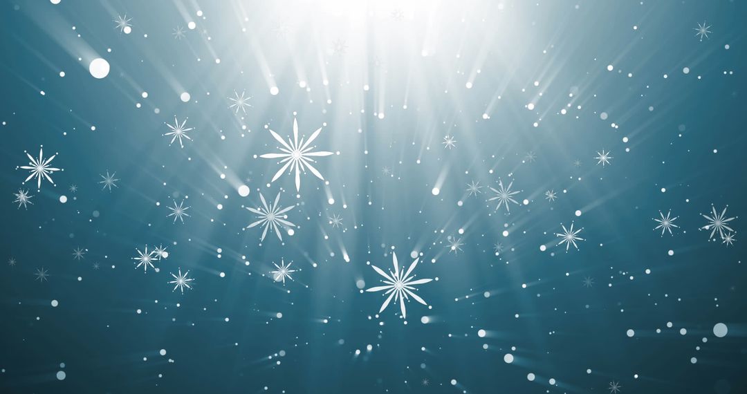 Falling Snowflakes and Light Rays on Blue Background