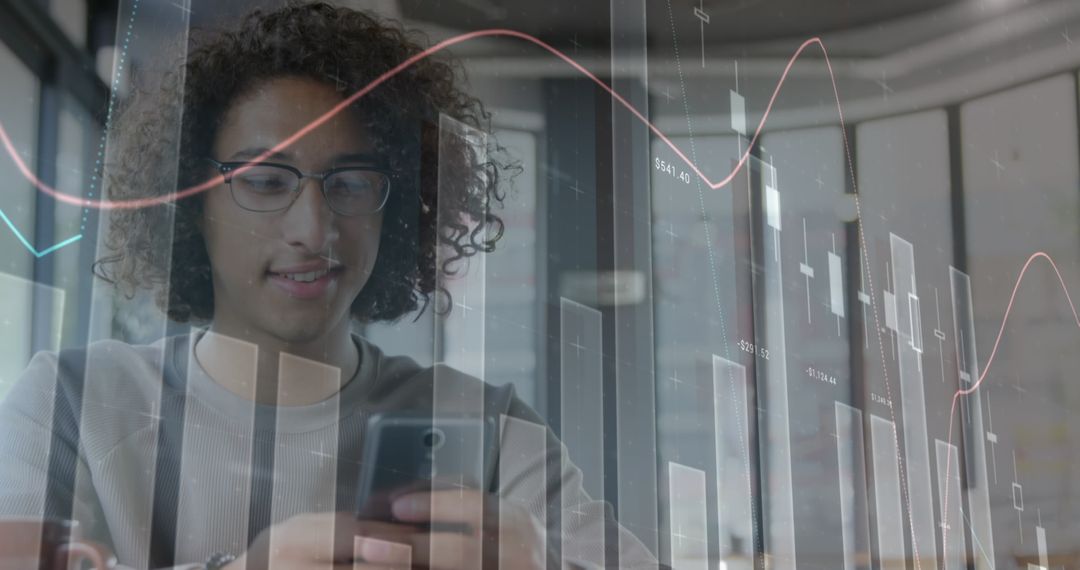Young Man Using Smartphone with Financial Data Overlaid