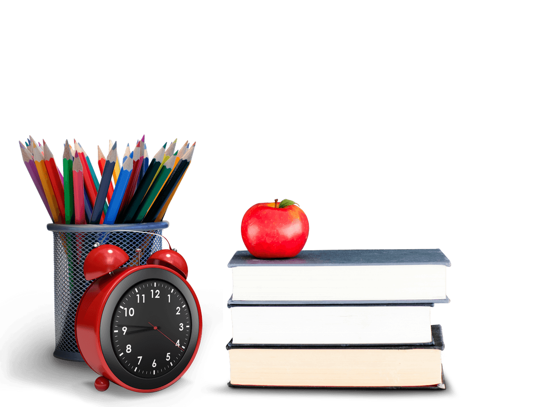 Transparent Books, Pencils, Apple and Red Alarm Clock, Education Concept